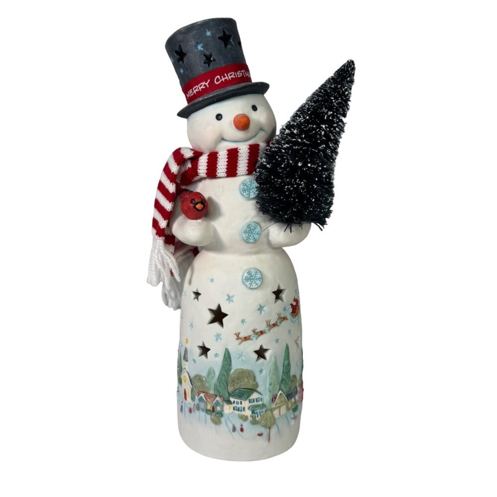 2012 Hallmark Snowman Tea Light Holder With Christmas Village Scene & Scarf